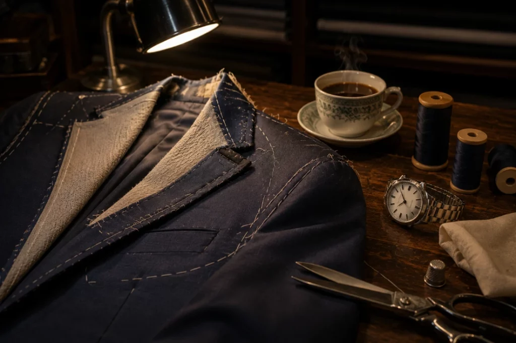 
Bangkok-layover-tailor-working-late-into-the-evening-on-express-bespoke-suit-construction