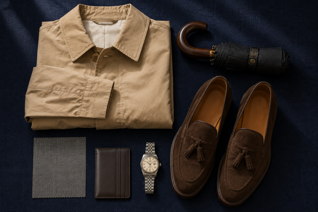 Bangkok rainy season tailoring essentials flat-lay with trench coat and tropical wool swatch