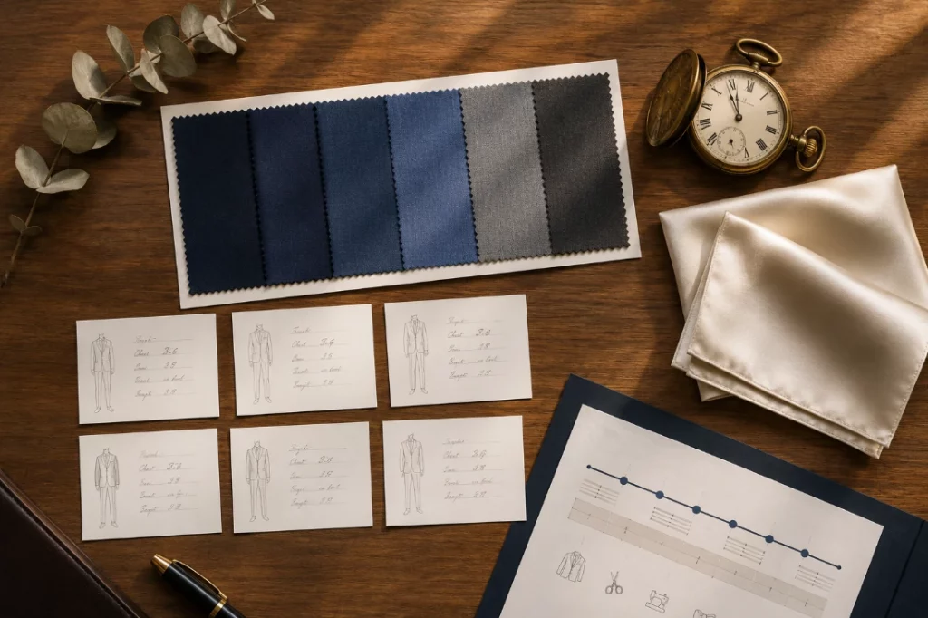 Groomsmen suits Bangkok planning materials with fabric swatches and timeline
