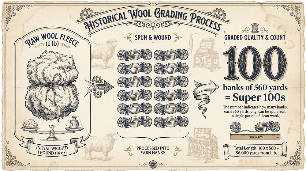 spin 100 hanks, each 560 yards long, from one pound of wool, the resulting fiber was classified as Super 100s.