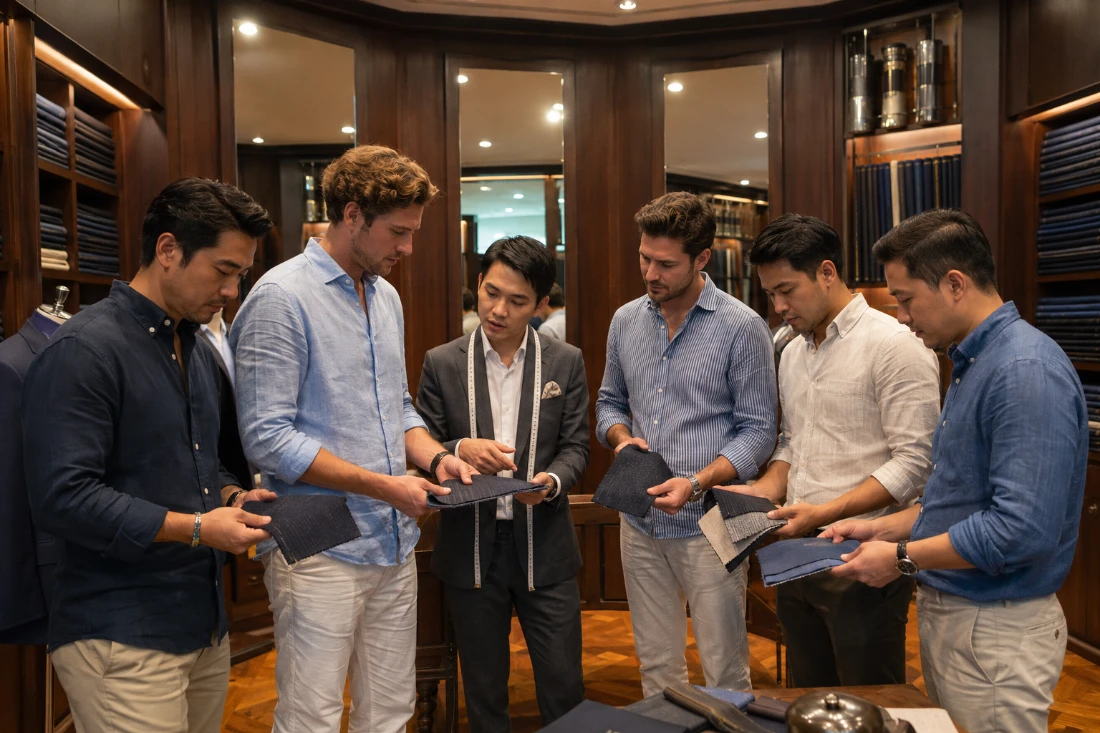 Bangkok group tailoring trips with a wedding party examining fabric swatches at a bespoke showroom