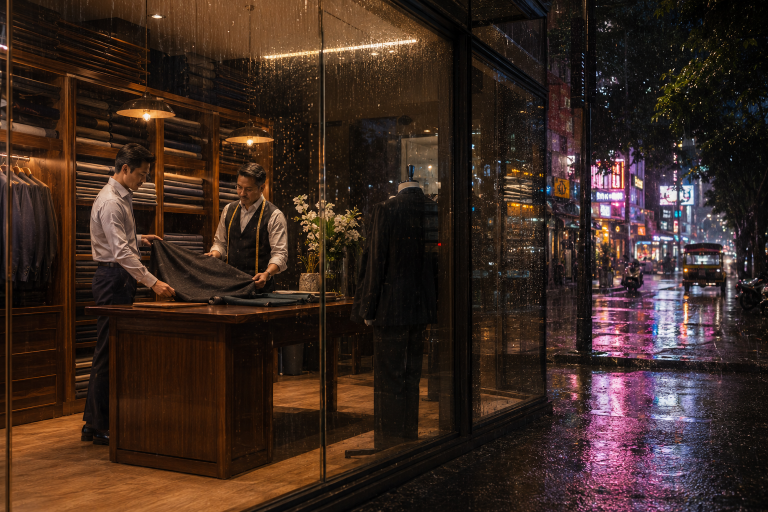 Bangkok rainy season tailoring consultation with monsoon downpour visible through window