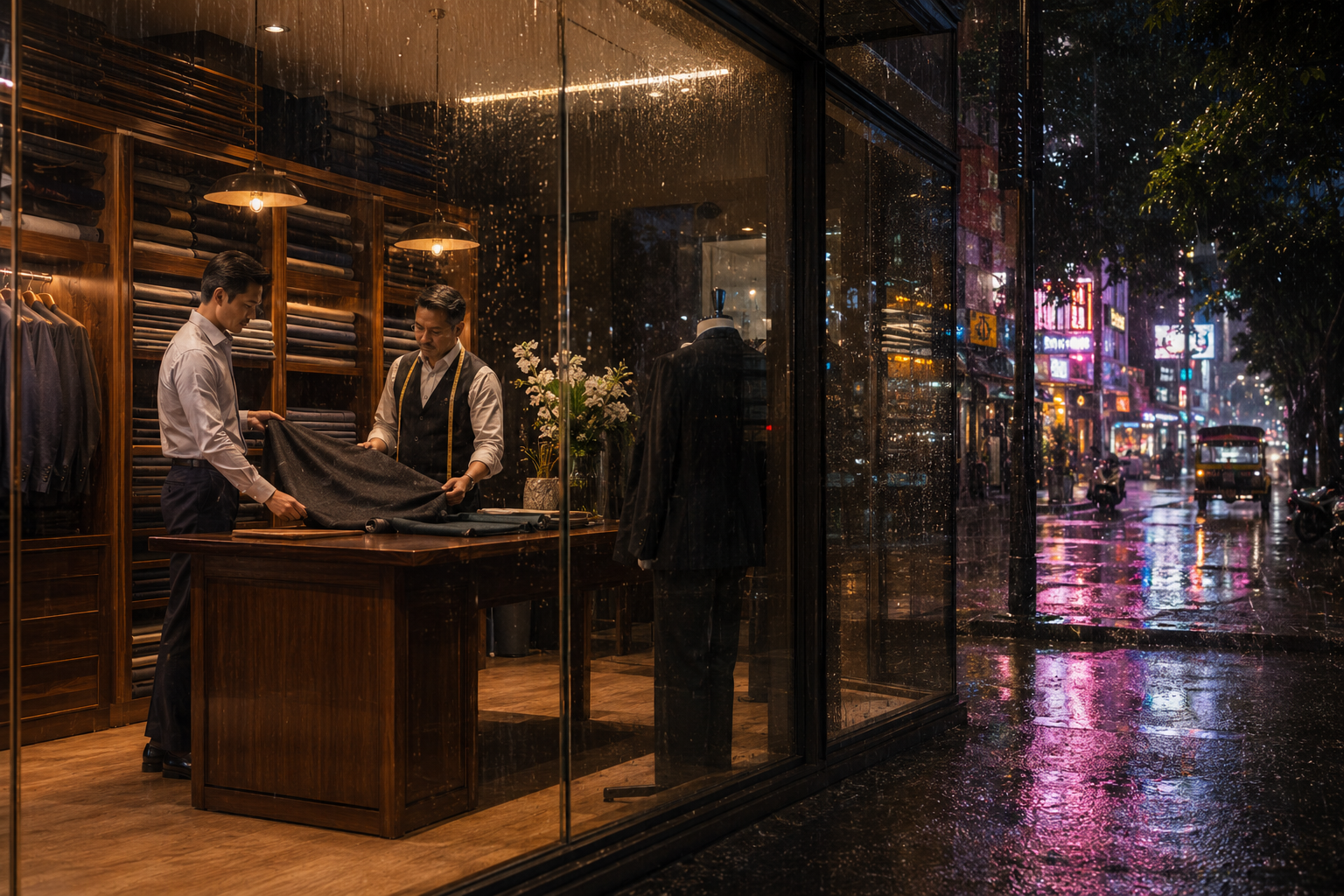 Bangkok rainy season tailoring consultation with monsoon downpour visible through window