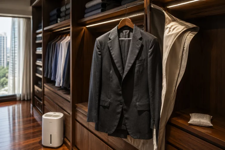 Bangkok suit care setup with bespoke suit on wooden hanger in dehumidified wardrobe