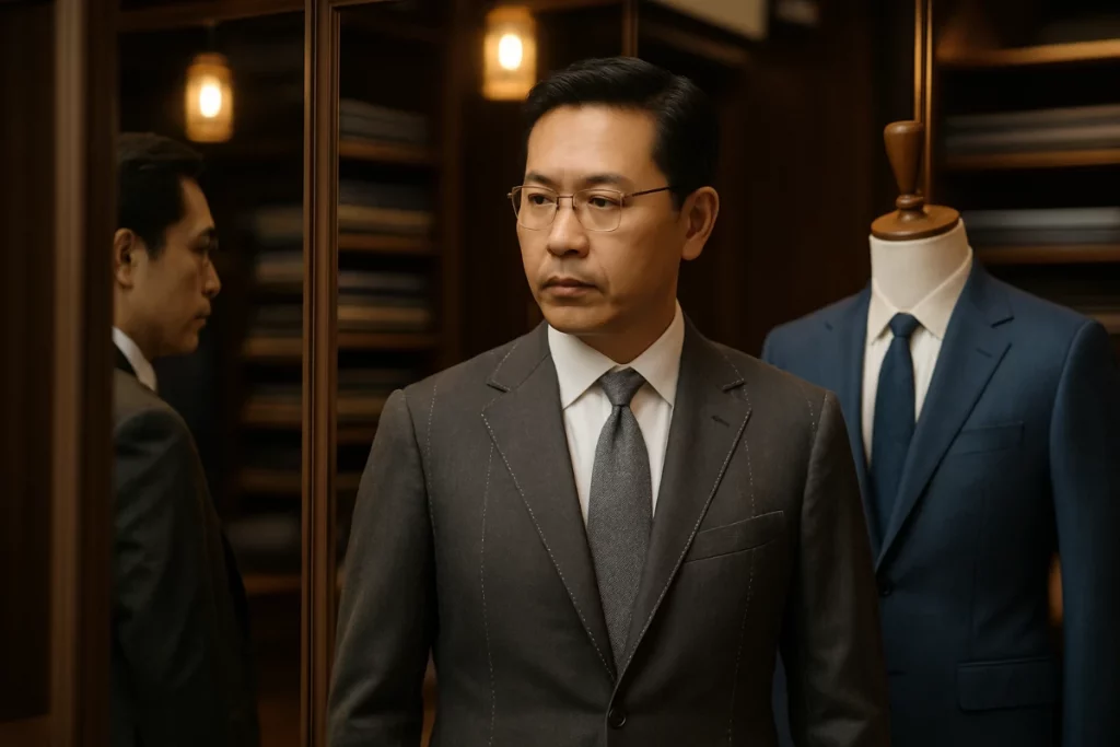 Bangkok tailor capsule wardrobe fitting showing coordinated jacket pieces during 5-day trip commission