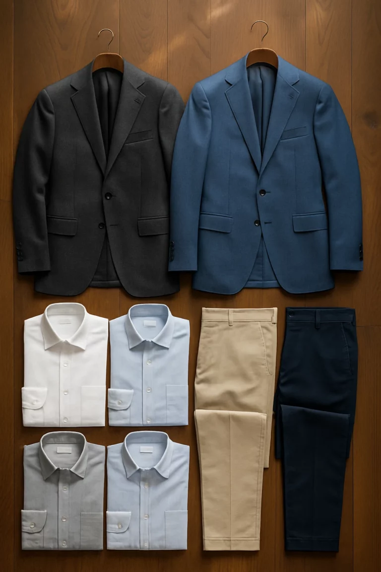 Bangkok tailor capsule wardrobe flat-lay with coordinated suits shirts and trousers