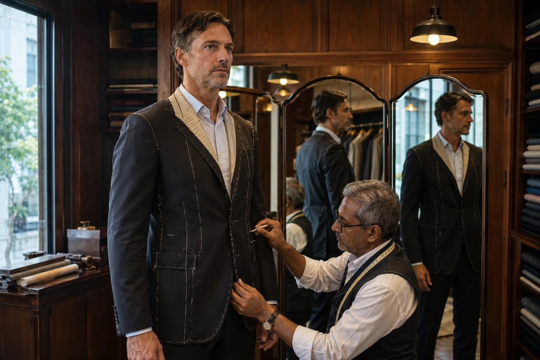 Bangkok tailor for hard-to-fit bodies fitting a tall athletic client in bespoke suit jacket
