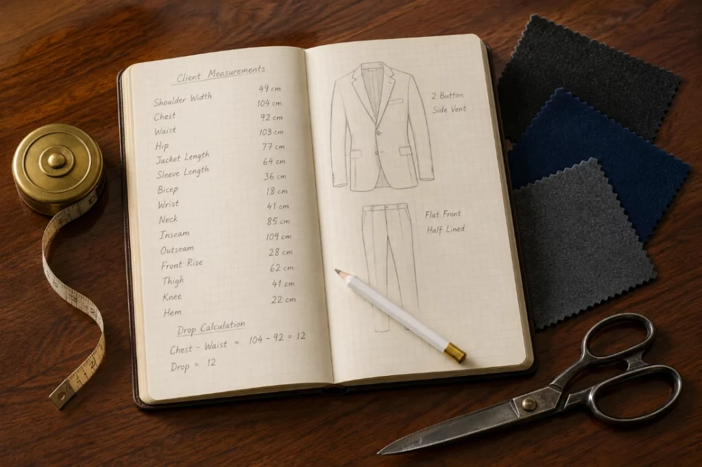 Bangkok tailor measurement notebook for hard-to-fit bodies bespoke suits