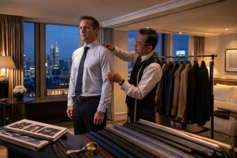 Bangkok tailor trunk shows fitting in hotel suite with city skyline visible