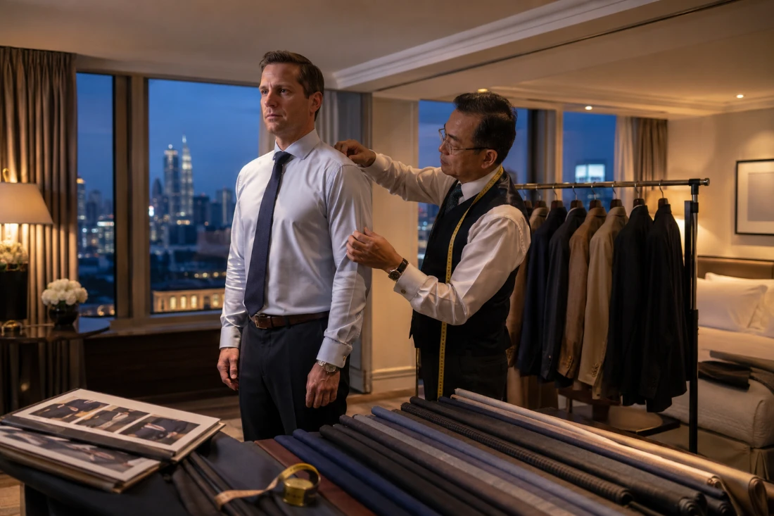 Bangkok tailor trunk shows fitting in hotel suite with city skyline visible