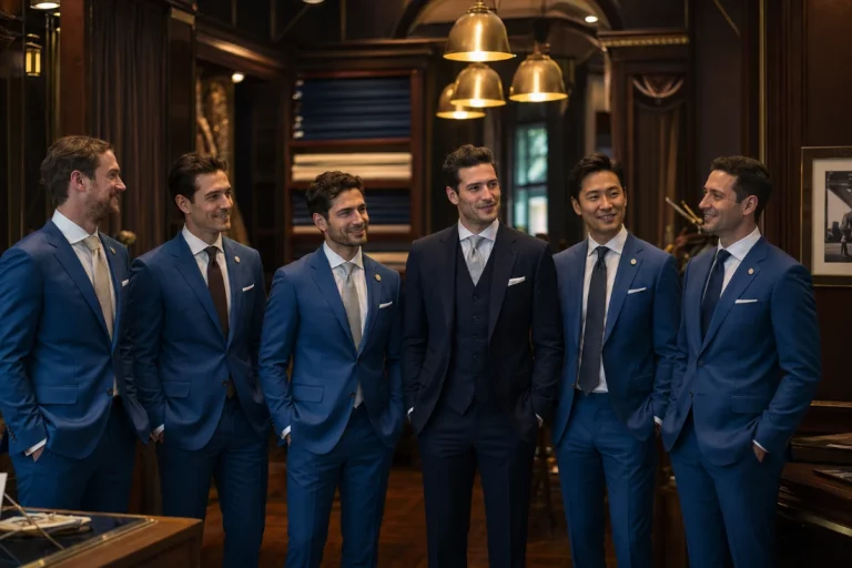 Groomsmen suits Bangkok wedding party group fitting at bespoke tailor showroom