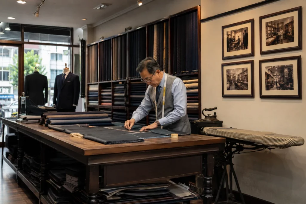History of Bangkok tailoring continuing in modern bespoke showroom with heritage elements