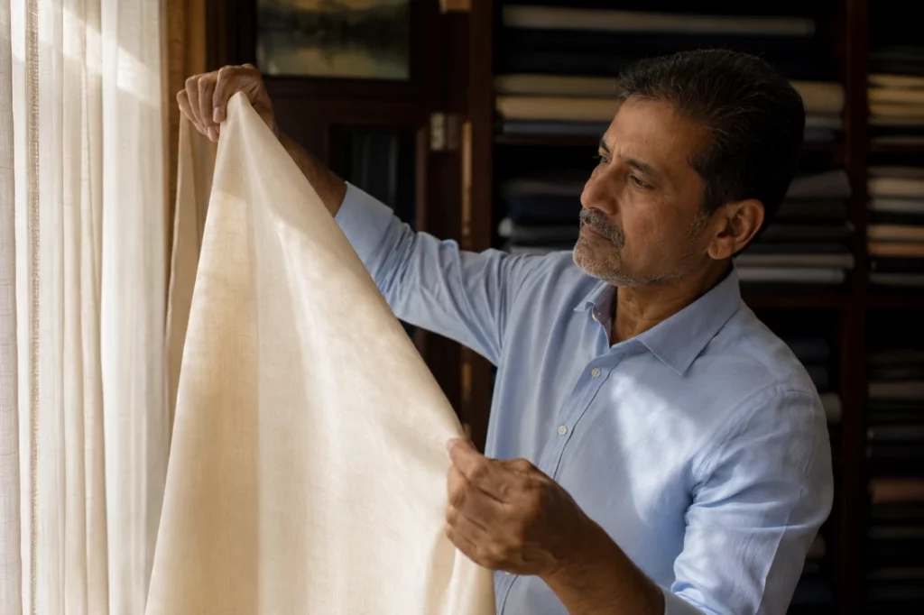 Bangkok tailor examining tropical wool fabric for humid climate suiting