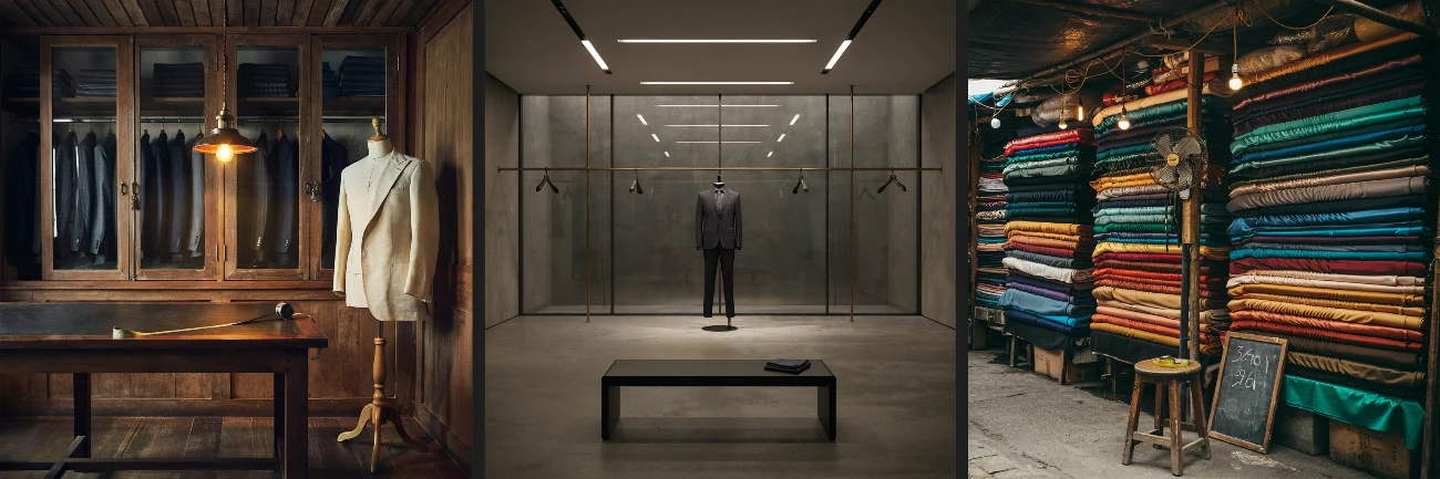 Bangkok tailor districts represented by a bespoke tailor's atelier with rolls of suiting fabric