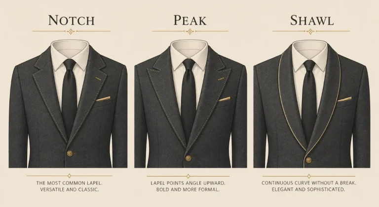 suit lapel styles compared notch peak and shawl illustrations